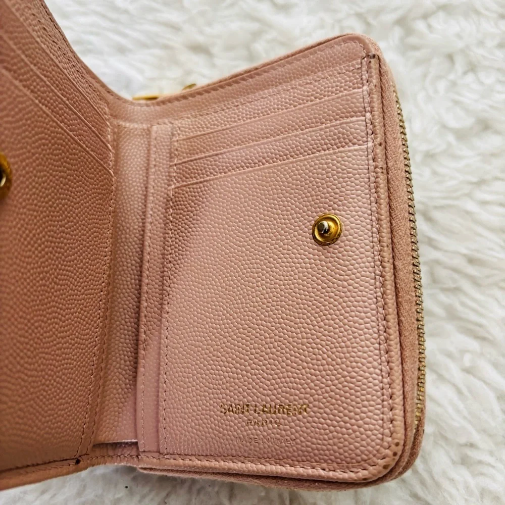 Yves Saint Laurent Cassandra Matellase Blush Grain Leather Compact Wallet